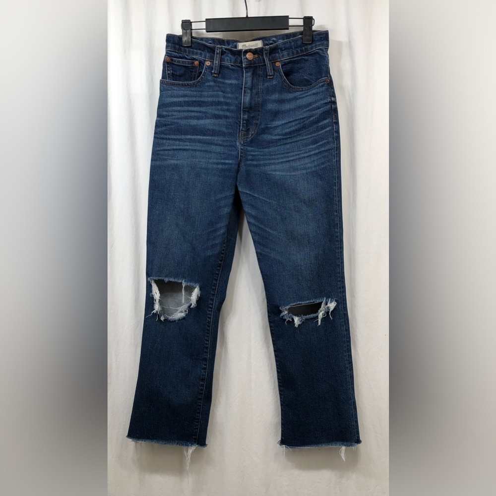 Madewell 11" High Riser Crop Flares Jeans Blue Busted Knee Raw Hem Size 28